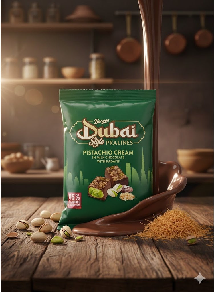 Bergen Dubai Pralines with Pistachio Cream In Milk Chocolate With Kadayif 120 gm - Image 1